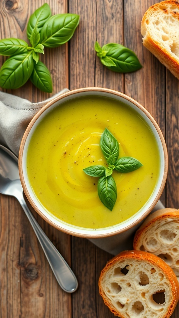 A bowl of creamy green zucchini soup garnished with basil on a wooden table with bread.